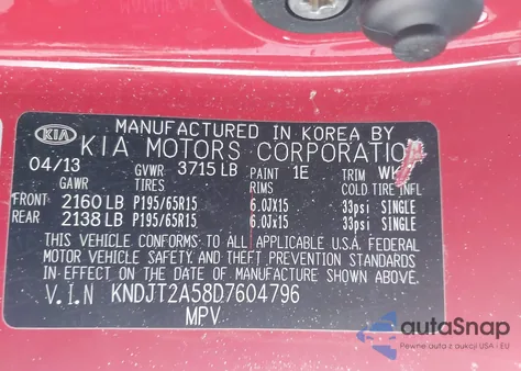 2013 Kia Soul z USA, uszkodzony, nr VIN KNDJT2A58D7604796